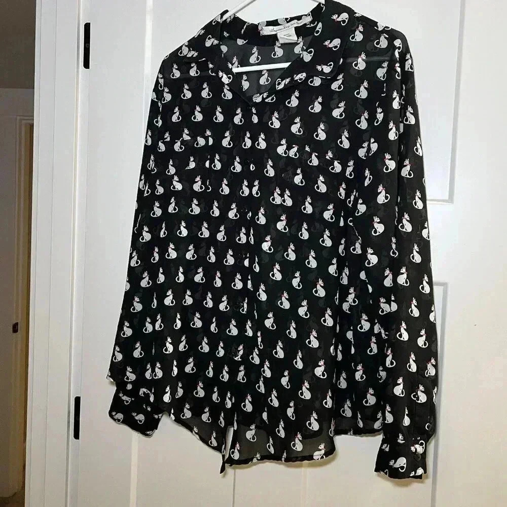 American Rag Cie Long Sleeve Shirt Blouse Cats Sz XL Black Red Collar Kitty